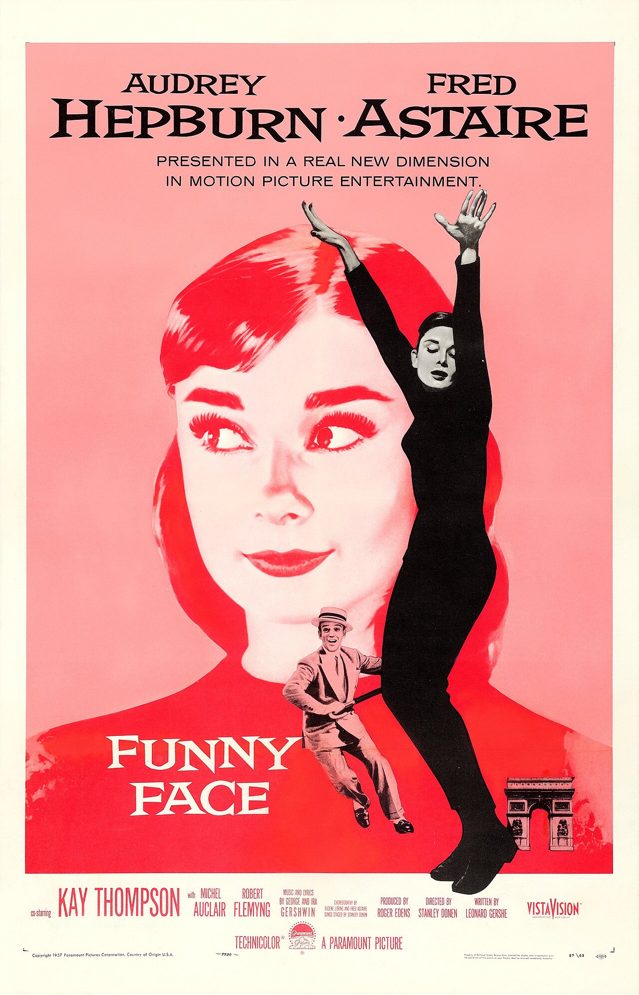Theatrical poster for the American release of the 1957 film Funny Face. The illustration depicts the film's stars, Dutch-British actress Audrey Hepburn and American dancer-actor Fred Astaire.