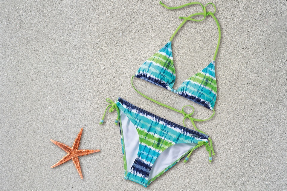 a cute green and blue two-piece bikini)