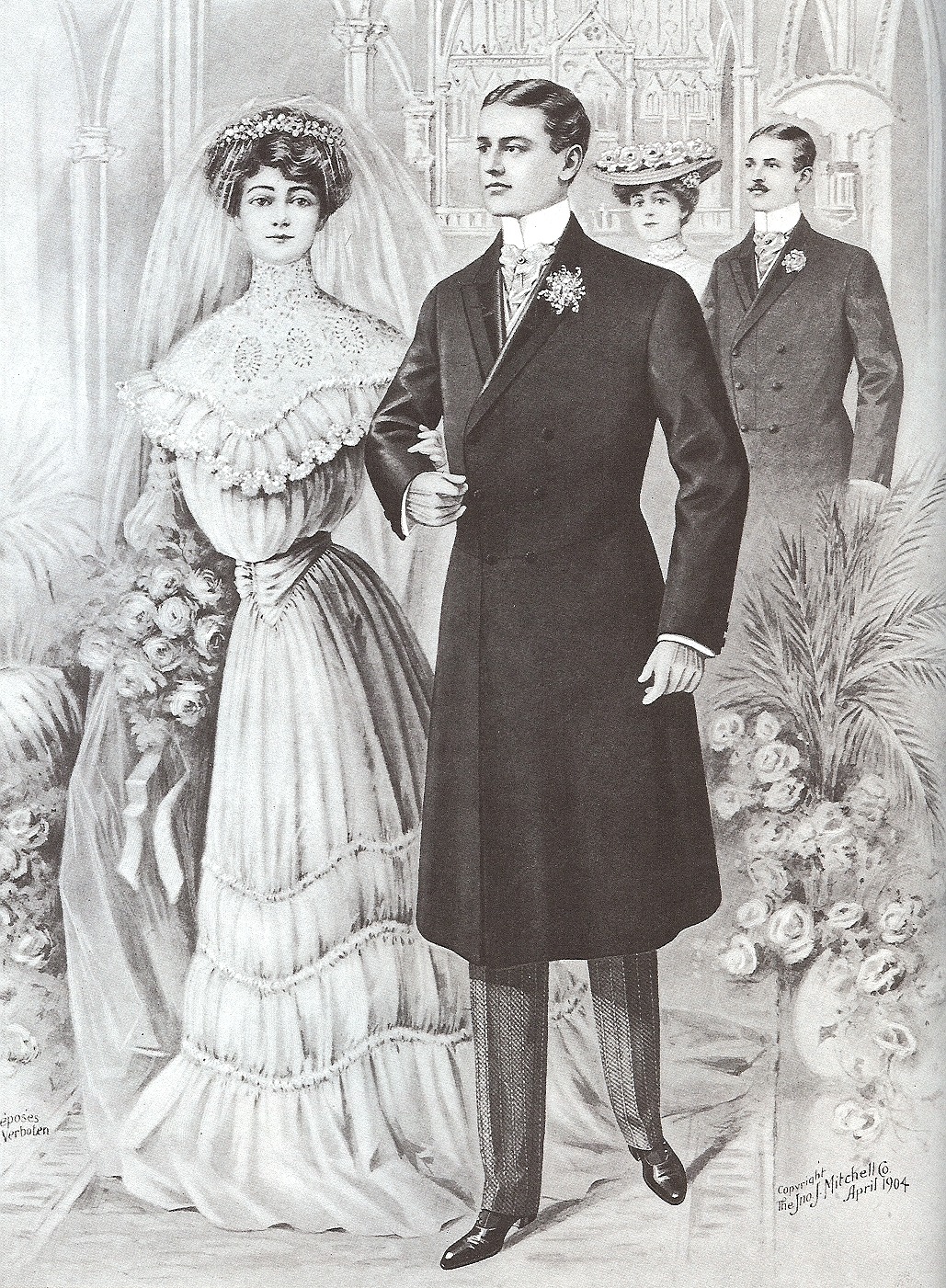 Double wedding with grooms wearing formal black double-breasted frock coats