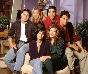 Casts of ‘Friends’ in first season. Front- Cox, Aniston. Back- LeBlanc, Kudrow, Schwimmer, Perry.
