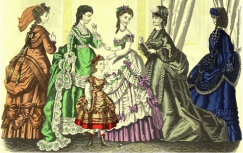 a drawing of women and a girl wearing gowns and different types of hats