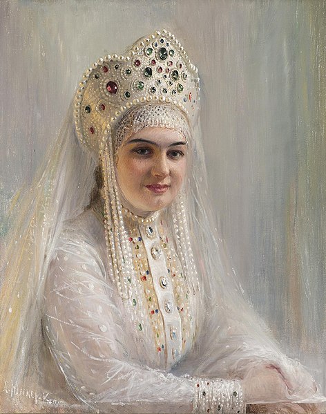 a painting of a Russian woman wearing a Kokoshnik and a veil