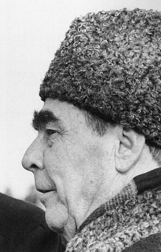 black and white photo of Leonid Brezhnev wearing a Karakul hat