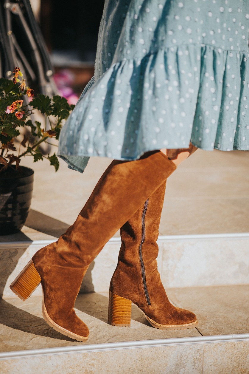 brown suede high heel boots